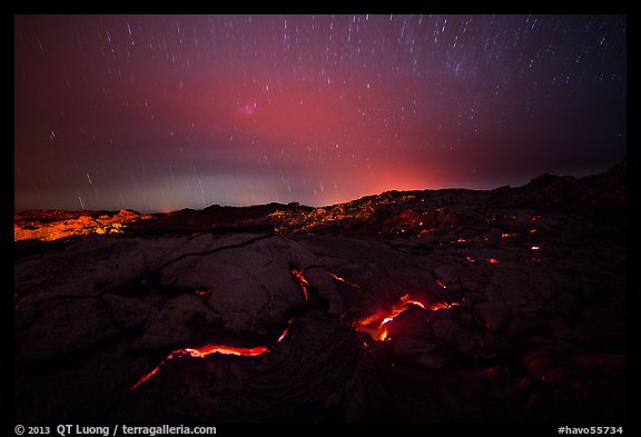 Molten lava flow with star trails. Hawaii Volcanoes National Park (color)