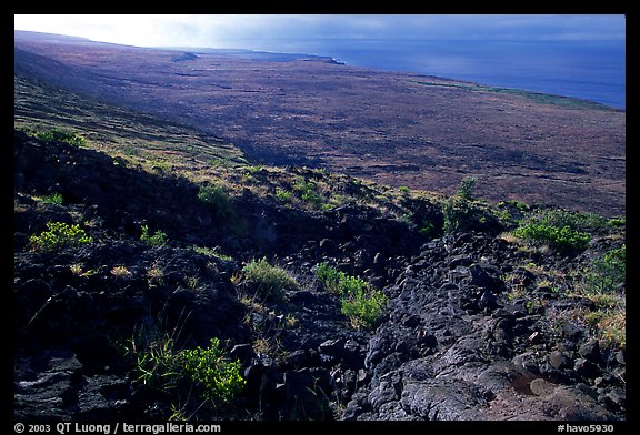 Black lava and  coastal plain from Hilana Pali. Hawaii Volcanoes National Park