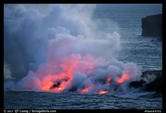 Lava ocean entry from low bench, dusk. Hawaii Volcanoes National Park (color)