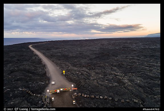 Aerial view of park boundary and emergency road. Hawaii Volcanoes National Park, Hawaii, USA.