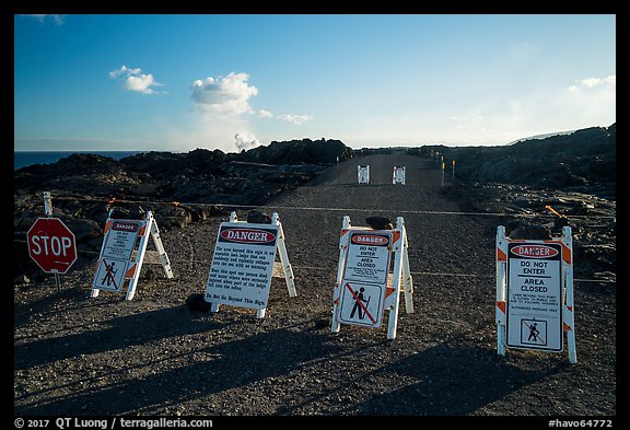Road closure sign along new emergency road. Hawaii Volcanoes National Park, Hawaii, USA.