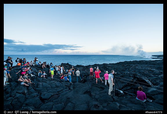 Large group of people at lava viewing area. Hawaii Volcanoes National Park (color)
