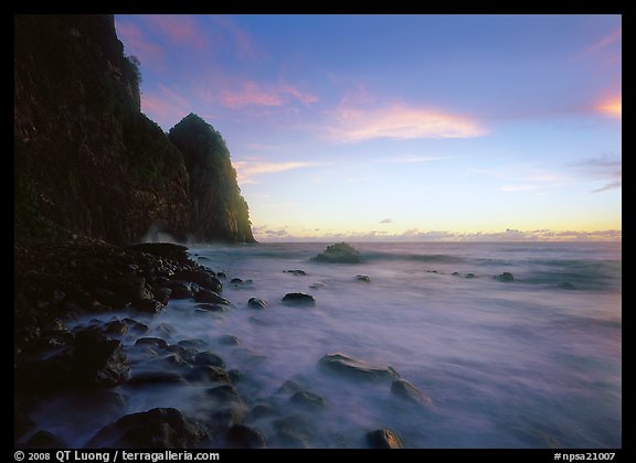 Foamy water and Pola Island at dawn, Tutuila Island. National Park of American Samoa (color)