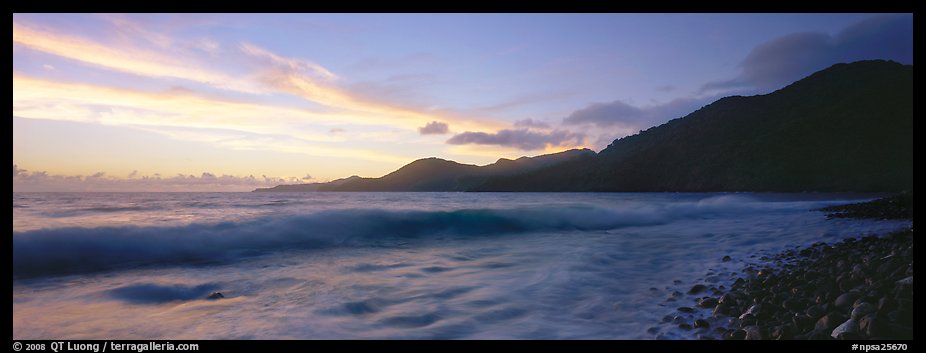 Wave and coastal hills at dawn, Tutuila Island. National Park of American Samoa (color)