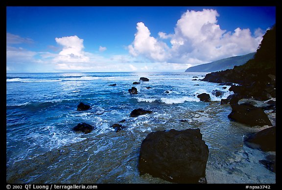 Black boulders and Siu Point coastline, Tau Island. National Park of American Samoa
