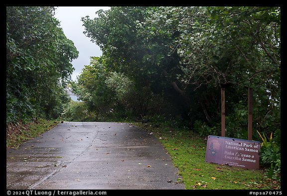 Park sign and road, Ofu Island. National Park of American Samoa