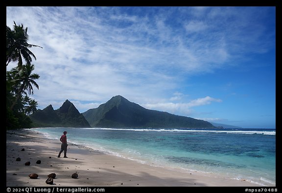 Visitor looking, Ofu South Beach. National Park of American Samoa