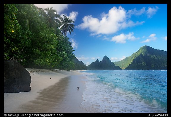 Ofu Beach with coconut, Sunuitao Peak and Piumafua mountain. National Park of American Samoa