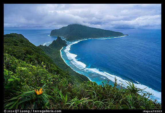Ofu South Beach and Olosega Island from Tumu Mountain. National Park of American Samoa (color)