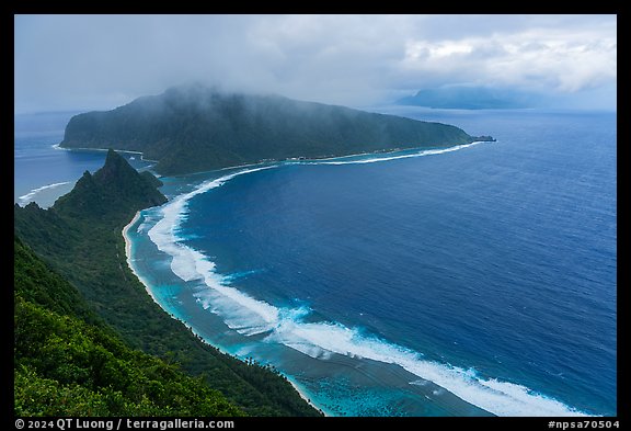 Ofu South Beach, Olosega and Tau Islands from Tumu Mountain. National Park of American Samoa (color)