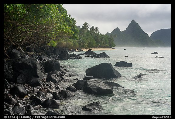 Volcanic rocks and Sunuitao Peak, Ofu Island. National Park of American Samoa