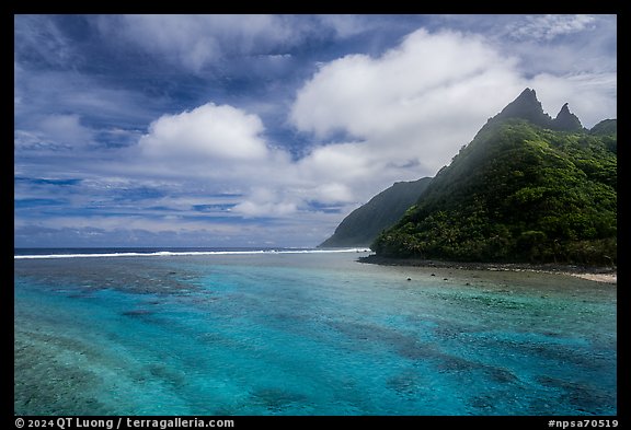 Asaga Strait and Sunuitao Peak at midday, Ofu Island. National Park of American Samoa
