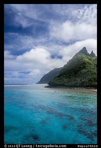 Turquoise waters of Asaga Strait and Sunuitao Peak, Ofu Island. National Park of American Samoa (color)