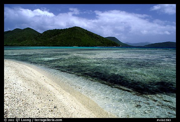 Beach, reef, and hills, Leinster Bay, morning. Virgin Islands National Park (color)