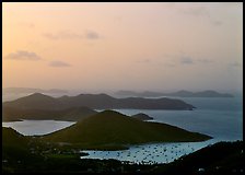 Hills, harbor and boats at sunrise, Coral bay. Virgin Islands National Park, US Virgin Islands.