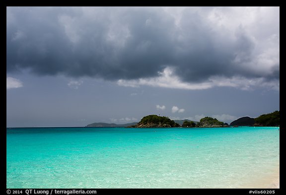 Turquoise waters, Trunk Cay, and dark clouds. Virgin Islands National Park, US Virgin Islands.