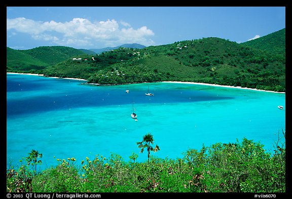Turquoise waters in Francis Bay with anchored yacht. Virgin Islands National Park (color)