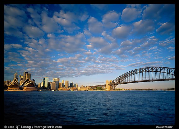 Opera House, skyline, and Harbor Bridge. Australia (color)