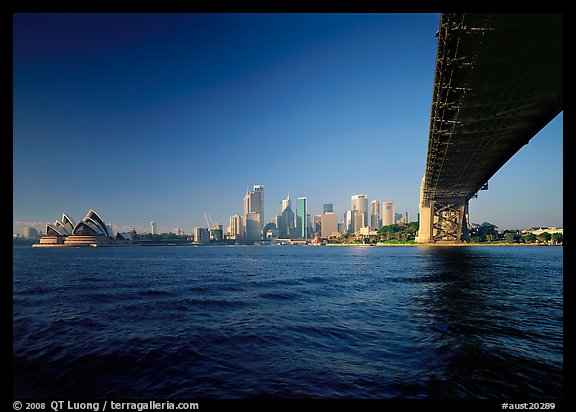 Harbor Bridge from below, skyline, and Opera House. Sydney, New South Wales, Australia