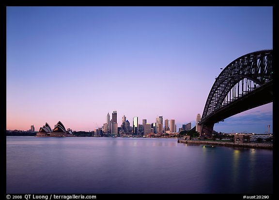 Harbor Bridge, skyline, and Opera House, dawn. Sydney, New South Wales, Australia
