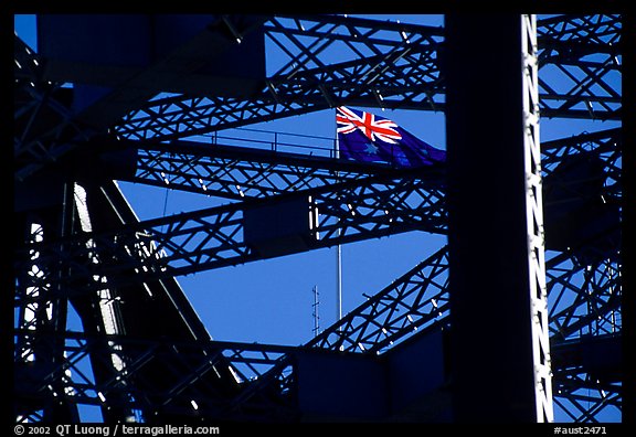 Harbour bridge detail with Australian flag. Sydney, New South Wales, Australia