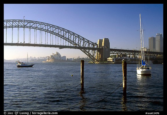 View across Harboor and Harboor bridge, morning. Sydney, New South Wales, Australia (color)