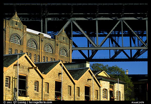 Colonial-era buildings of the Rocks and Harboor bridge. Sydney, New South Wales, Australia