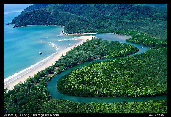 Aerial meandering river in rainforest and beach near Cape Tribulation. Queensland, Australia