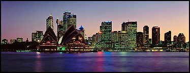 Sydney night cityscape and reflections. Sydney, New South Wales, Australia (Panoramic color)