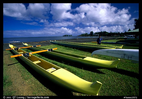 Traditional outtrigger canoes in Hilo. Big Island, Hawaii, USA (color)