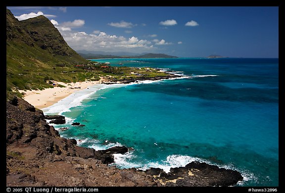 Makapuu Beach and turquoise waters, mid-day. Oahu island, Hawaii, USA