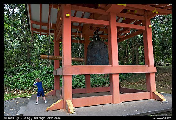 Boy ringing the buddhist bell, Byodo-In temple. Oahu island, Hawaii, USA
