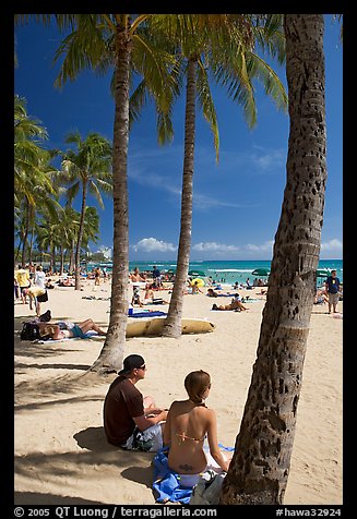 Couple under palm trees on Waikiki beach. Waikiki, Honolulu, Oahu island, Hawaii, USA