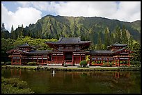 Byodo-In temple and fluted mountains, morning. Oahu island, Hawaii, USA ( color)