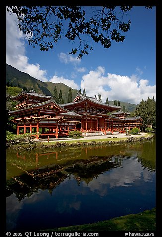 Byodo-In temple reflected in pond, Valley of the Temples, morning. Oahu island, Hawaii, USA (color)