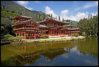 Byodo-In temple reflected in pond, morning. Oahu island, Hawaii, USA