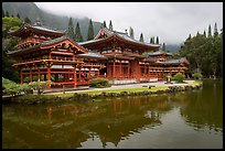 Byodo-In temple reflected in pond on a cloudy day. Oahu island, Hawaii, USA (color)