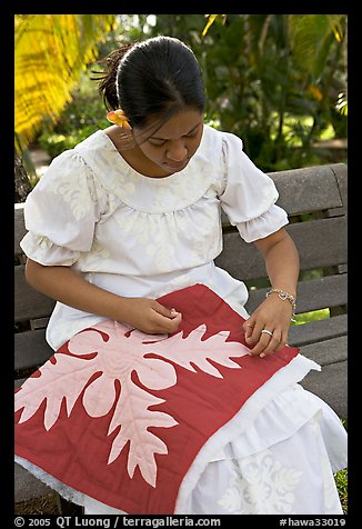 Woman quilting. Polynesian Cultural Center, Oahu island, Hawaii, USA (color)