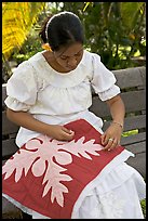 Woman quilting. Polynesian Cultural Center, Oahu island, Hawaii, USA