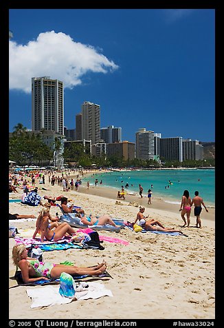 Waikiki Beach and skyline, mid-day. Waikiki, Honolulu, Oahu island, Hawaii, USA