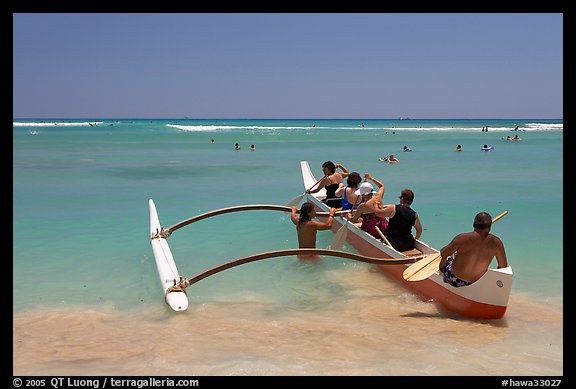 Outrigger canoe lauching from Waikiki Beach. Waikiki, Honolulu, Oahu island, Hawaii, USA (color)