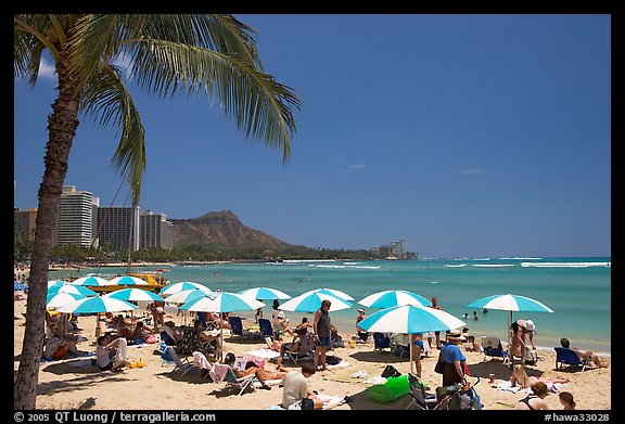 Sun shades on Waikiki Beach. Waikiki, Honolulu, Oahu island, Hawaii, USA