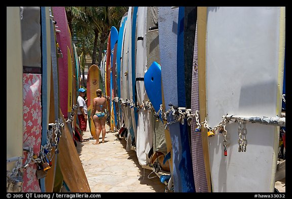 Racks of surfboards. Waikiki, Honolulu, Oahu island, Hawaii, USA