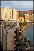 High rise hotels and beach seen from the Sheraton glass elevator, late afternoon. Waikiki, Honolulu, Oahu island, Hawaii, USA