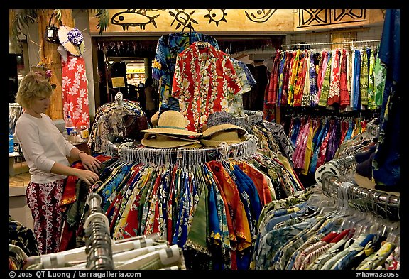 Woman shopping hawaiian dresses. Waikiki, Honolulu, Oahu island, Hawaii, USA