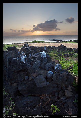 Heiau and ocean at sunrise. Oahu island, Hawaii, USA