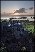 Heiau and ocean at sunrise. Oahu island, Hawaii, USA ( color)
