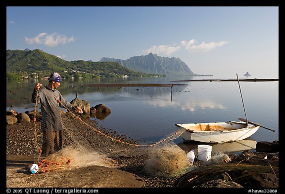 Fisherman pulling out net out of small baot, Kaneohe Bay, morning. Oahu island, Hawaii, USA (color)