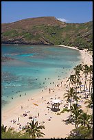 Hanauma Bay beach with people. Oahu island, Hawaii, USA