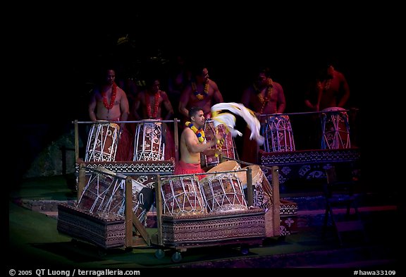 Tonga drummers on stage. Polynesian Cultural Center, Oahu island, Hawaii, USA